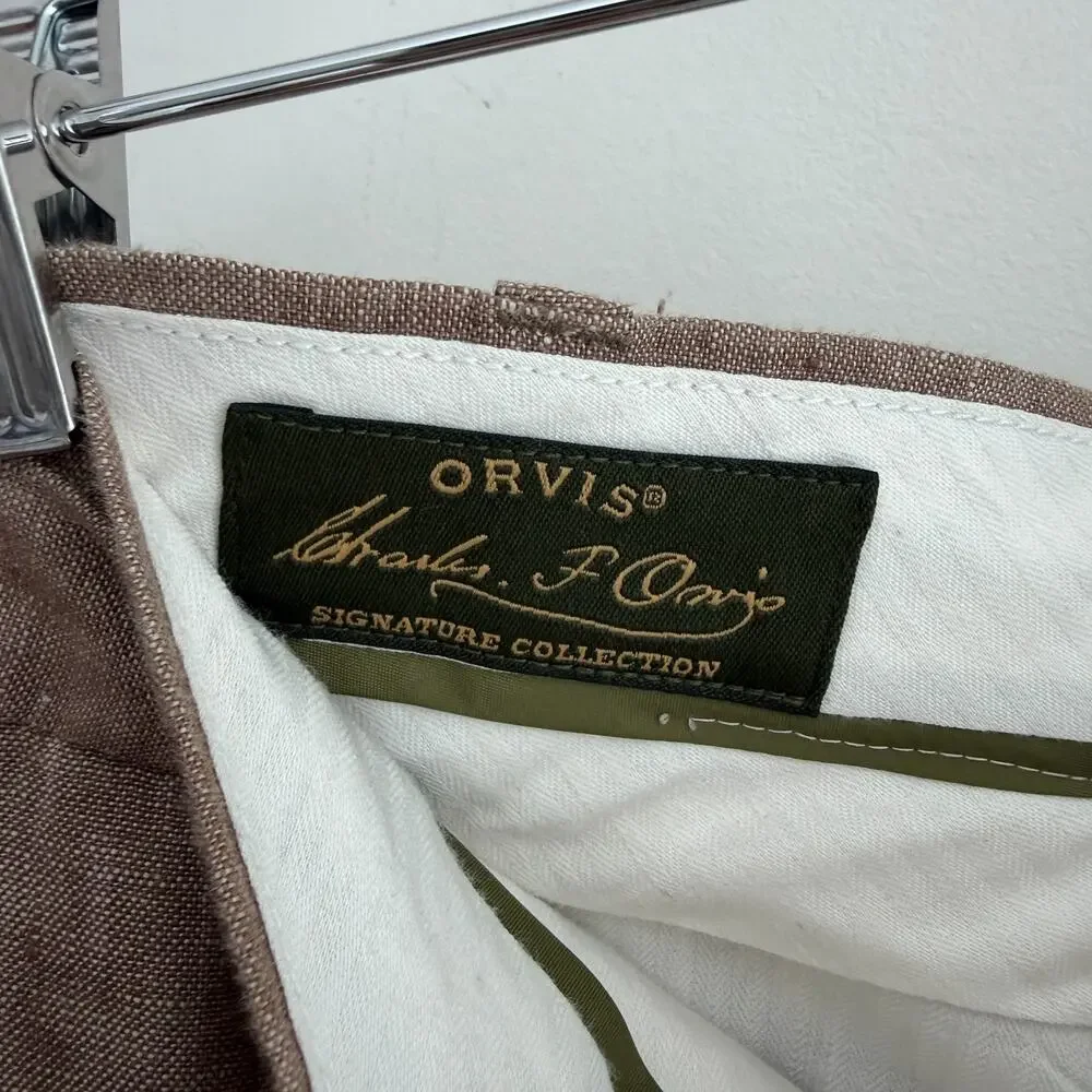 Orvis 100% Linen Pants Mens 36x29 Beige Khaki Trousers Minimalist Resort Wedding